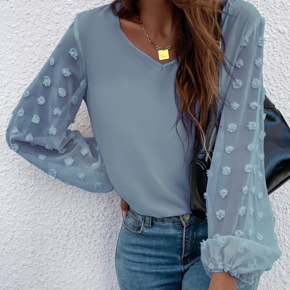 Boho Dusty Blue Swiss Dot Sheer Sleeve V neck Top Minimalist - Picture 8 of 12